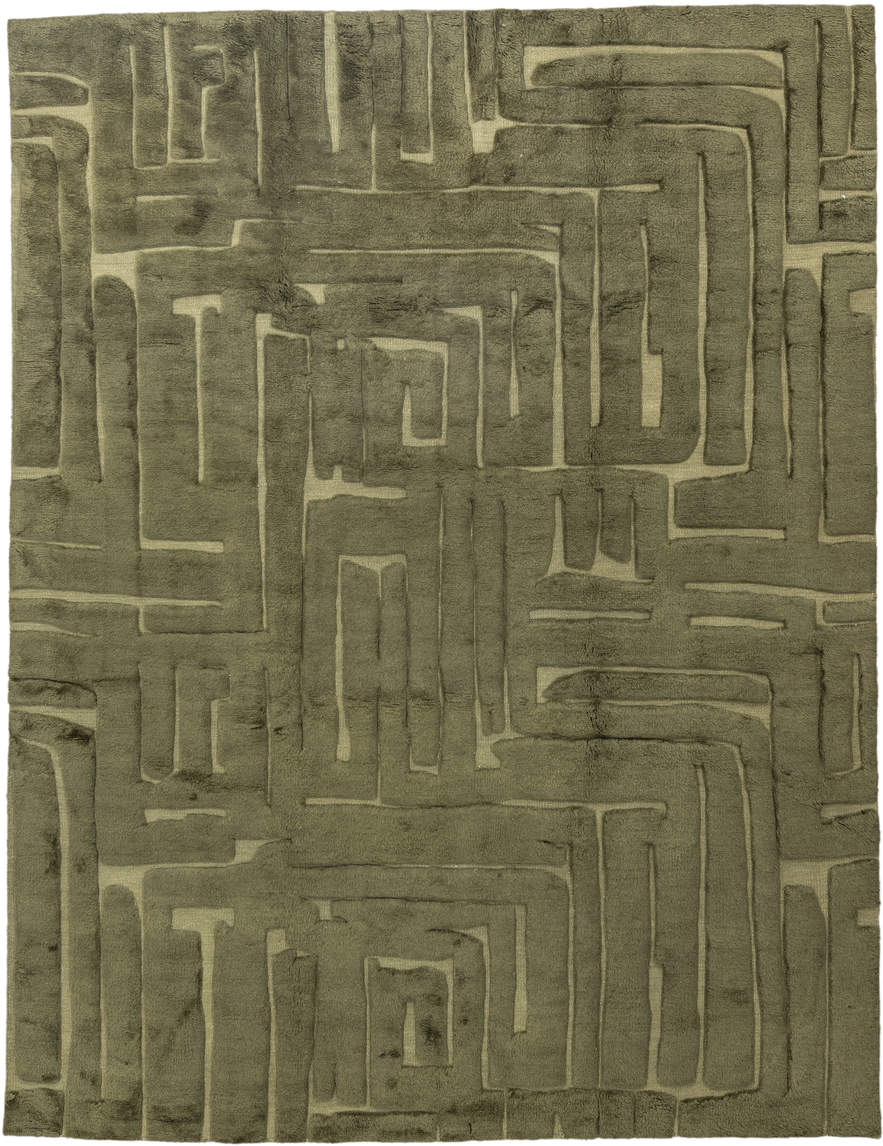 9' x 12' one-of-a-kind handmade handmade Modern large size rug. Color palette: olive, sage, taupe, green, beige, gray