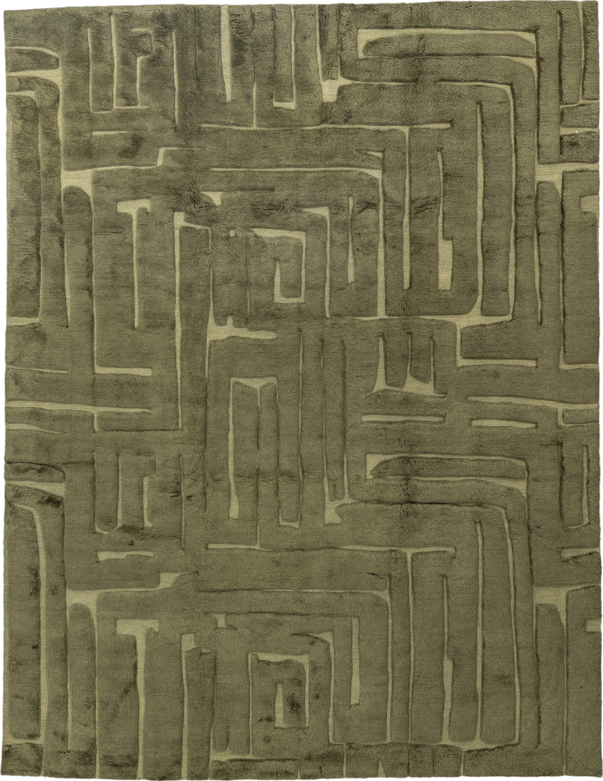 9' x 12' one-of-a-kind handmade vintage Modern large size rug. Color palette: brown