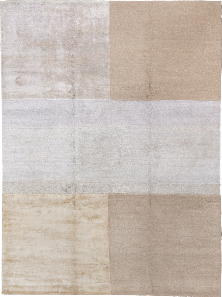 9' x 12' one-of-a-kind handmade vintage Modern large size rug. Color palette: brown, gainsboro, gray, light gray, off-white