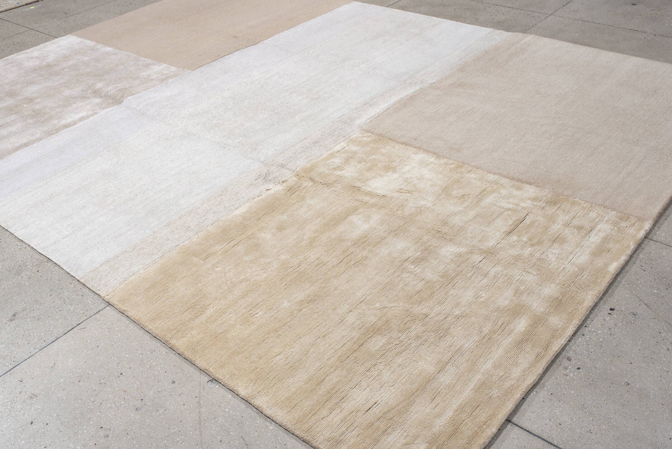 9' x 12' one-of-a-kind handmade handmade Modern large size rug. Color palette: ivory, beige, taupe, cream, camel, gray