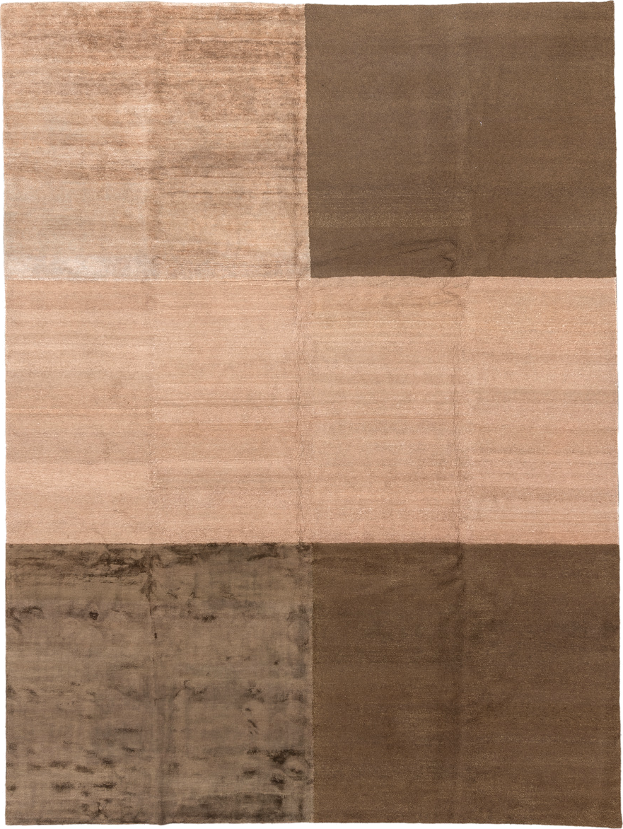 9' x 12' one-of-a-kind handmade vintage Modern large size rug. Color palette: brown, off-white, orange, tan