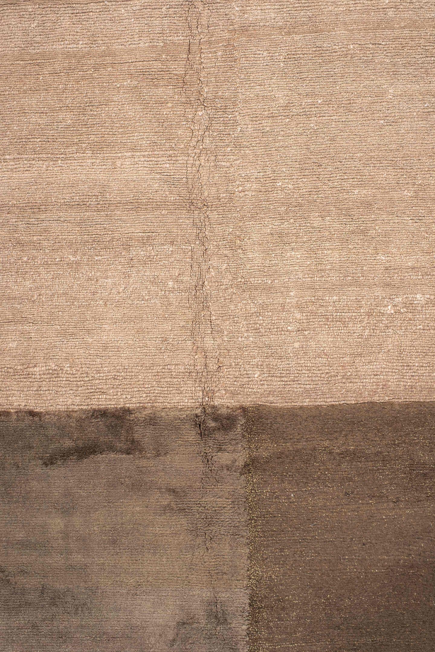 9' x 12' one-of-a-kind handmade handmade Modern large size rug. Color palette: taupe, camel, beige, brown, mushroom, gray