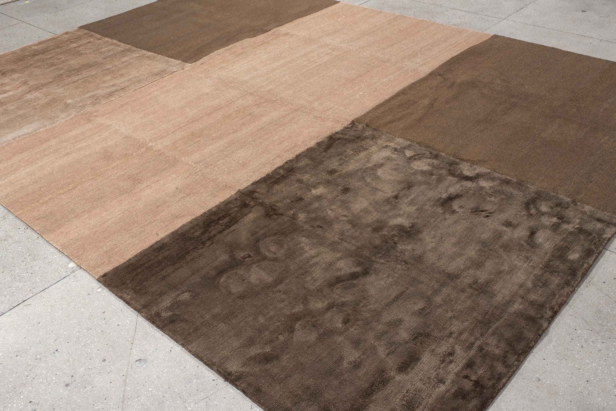 9' x 12' one-of-a-kind handmade handmade Modern large size rug. Color palette: taupe, camel, beige, brown, mushroom, gray