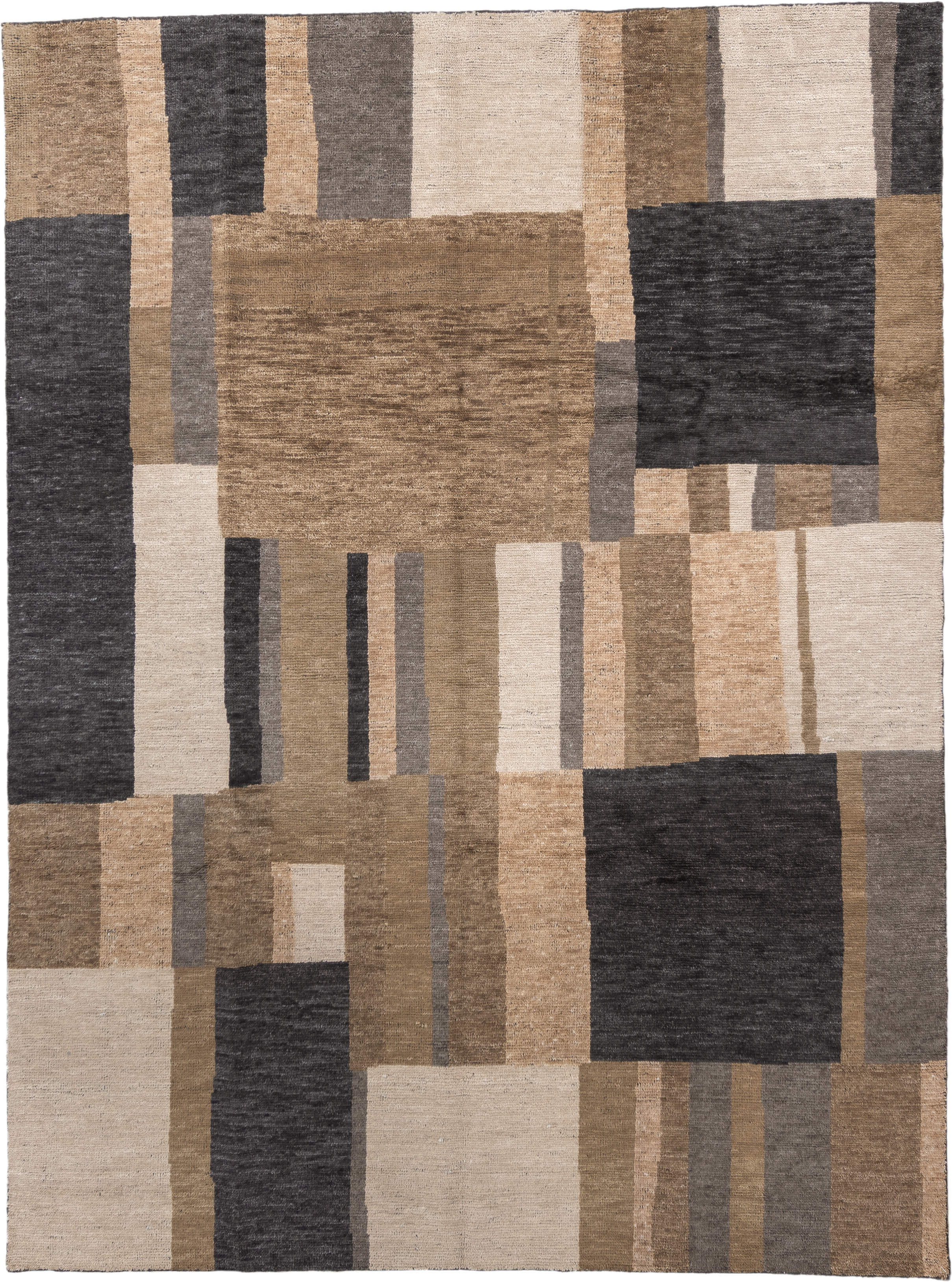 9' x 12' one-of-a-kind handmade handmade Modern large size rug. Color palette: taupe, charcoal, ivory, camel, greige, beige