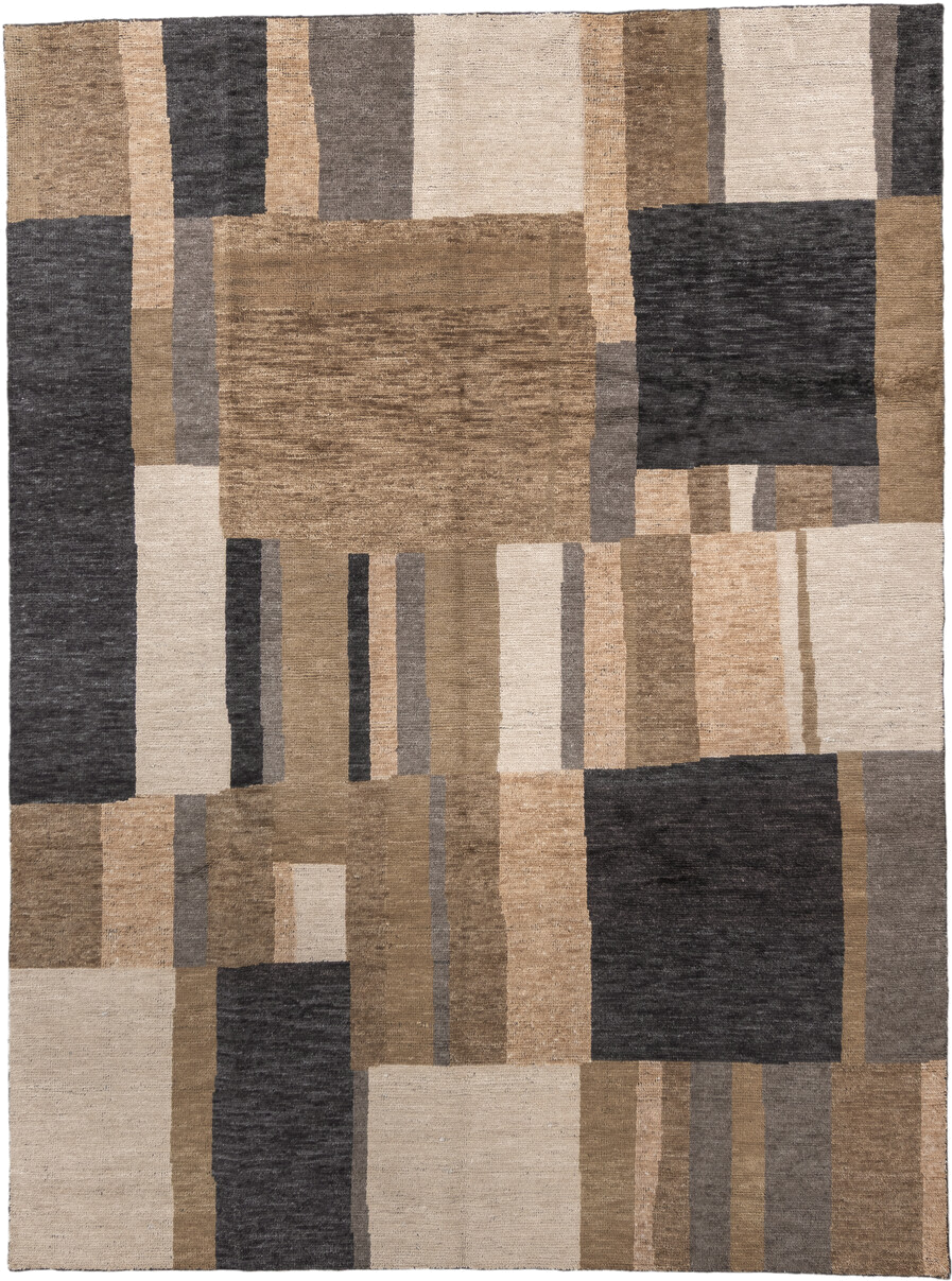 9' x 12' one-of-a-kind handmade handmade Modern large size rug. Color palette: taupe, charcoal, ivory, camel, greige, beige