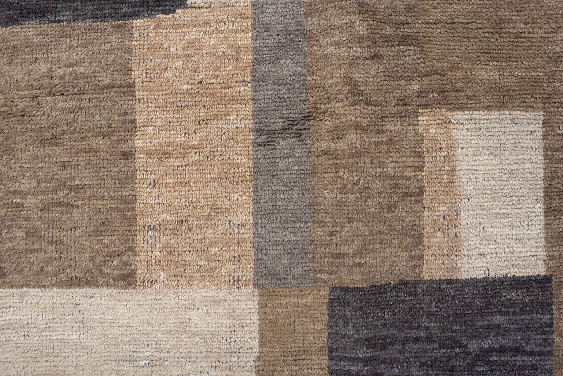 9' x 12' one-of-a-kind handmade handmade Modern large size rug. Color palette: taupe, charcoal, ivory, camel, greige, beige