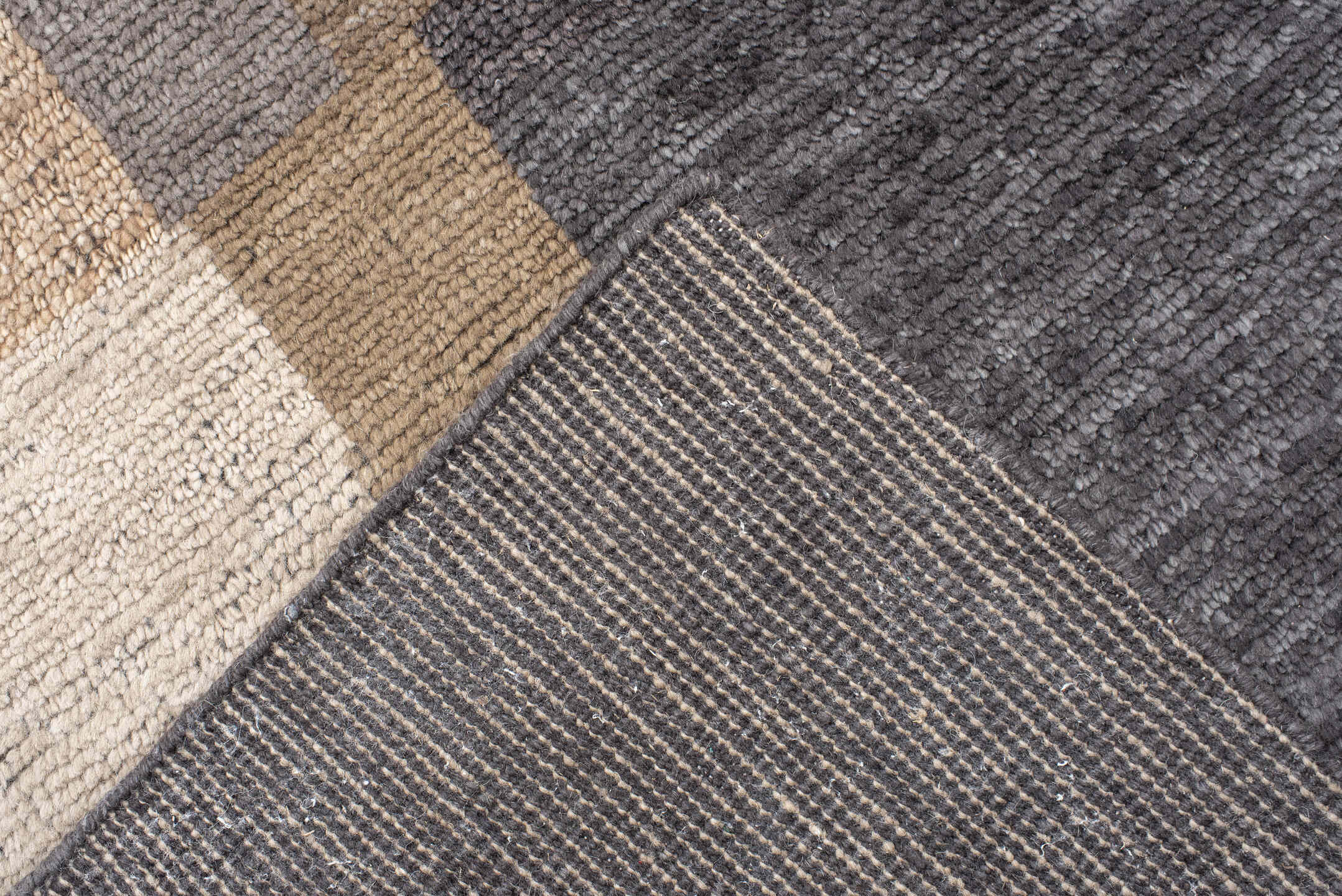 9' x 12' one-of-a-kind handmade handmade Modern large size rug. Color palette: taupe, charcoal, ivory, camel, greige, beige