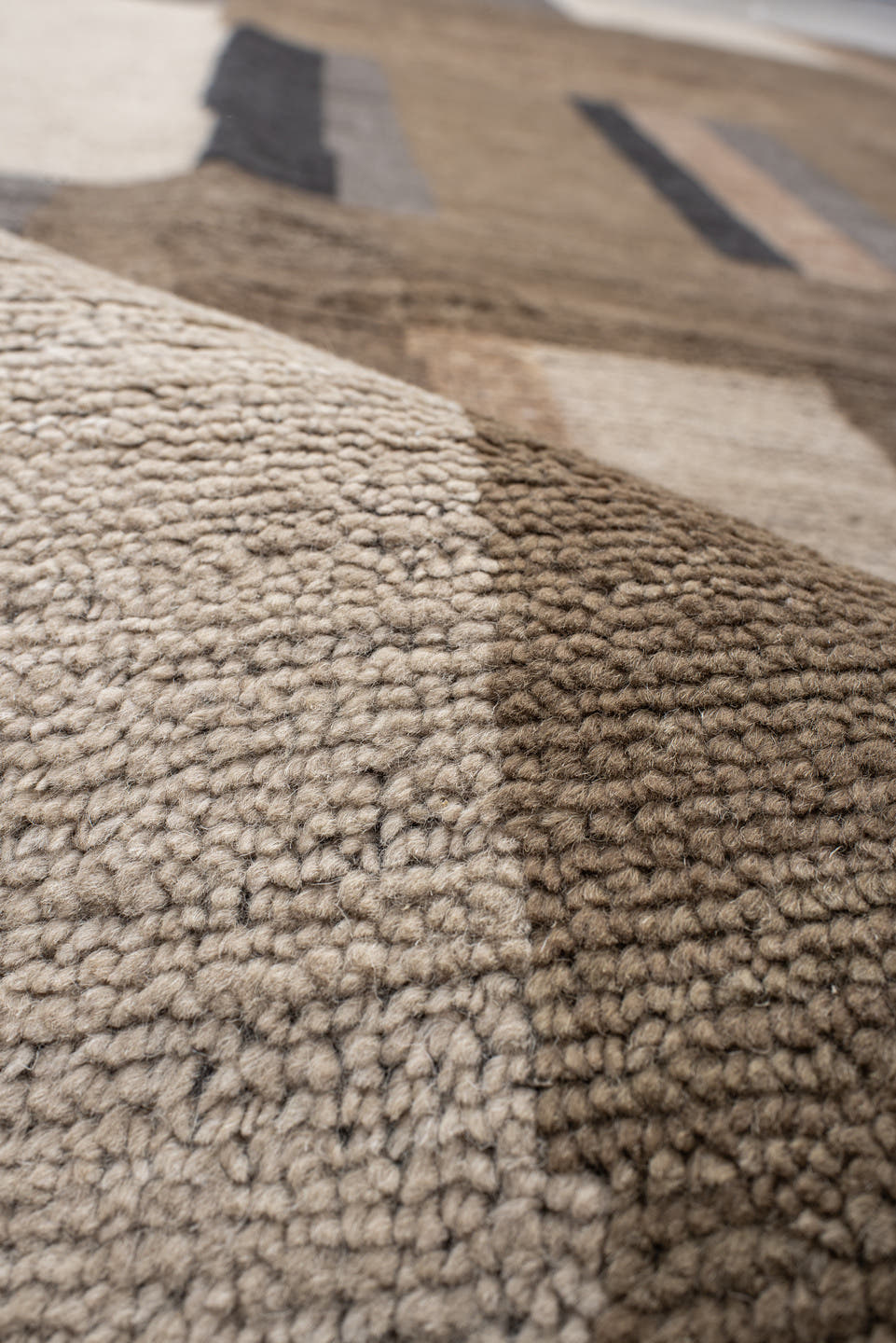 9' x 12' one-of-a-kind handmade handmade Modern large size rug. Color palette: taupe, charcoal, ivory, camel, greige, beige