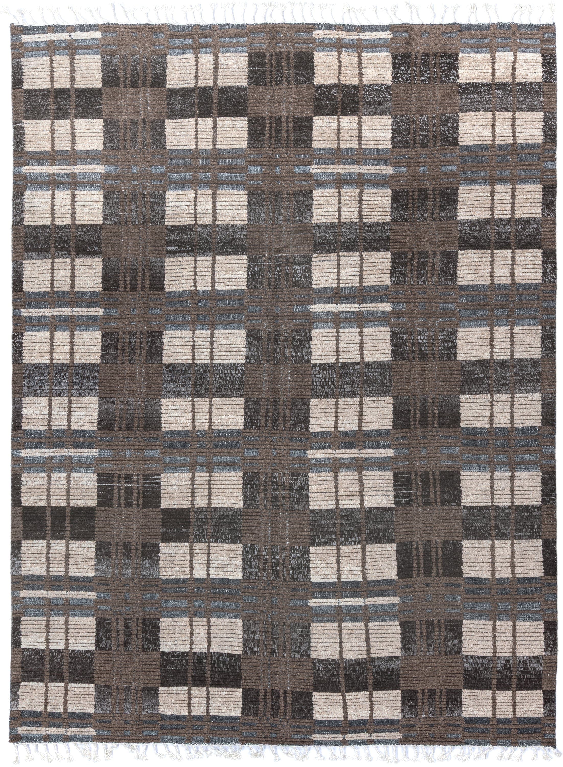 9' x 12' one-of-a-kind handmade vintage Tulu large size rug. Color palette: taupe, ivory, charcoal, slate, brown, beige