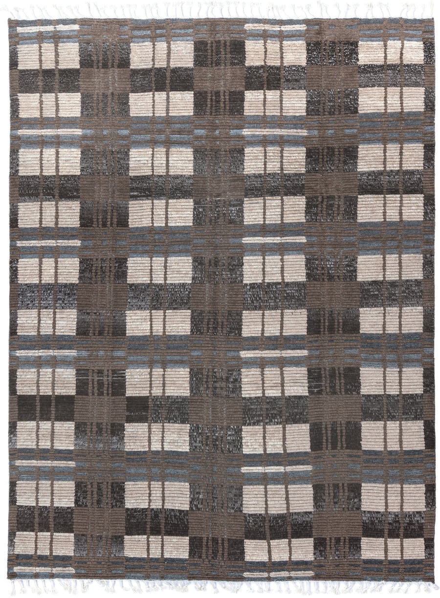 9' x 12' one-of-a-kind handmade vintage Tulu large size rug. Color palette: taupe, ivory, charcoal, slate, brown, beige