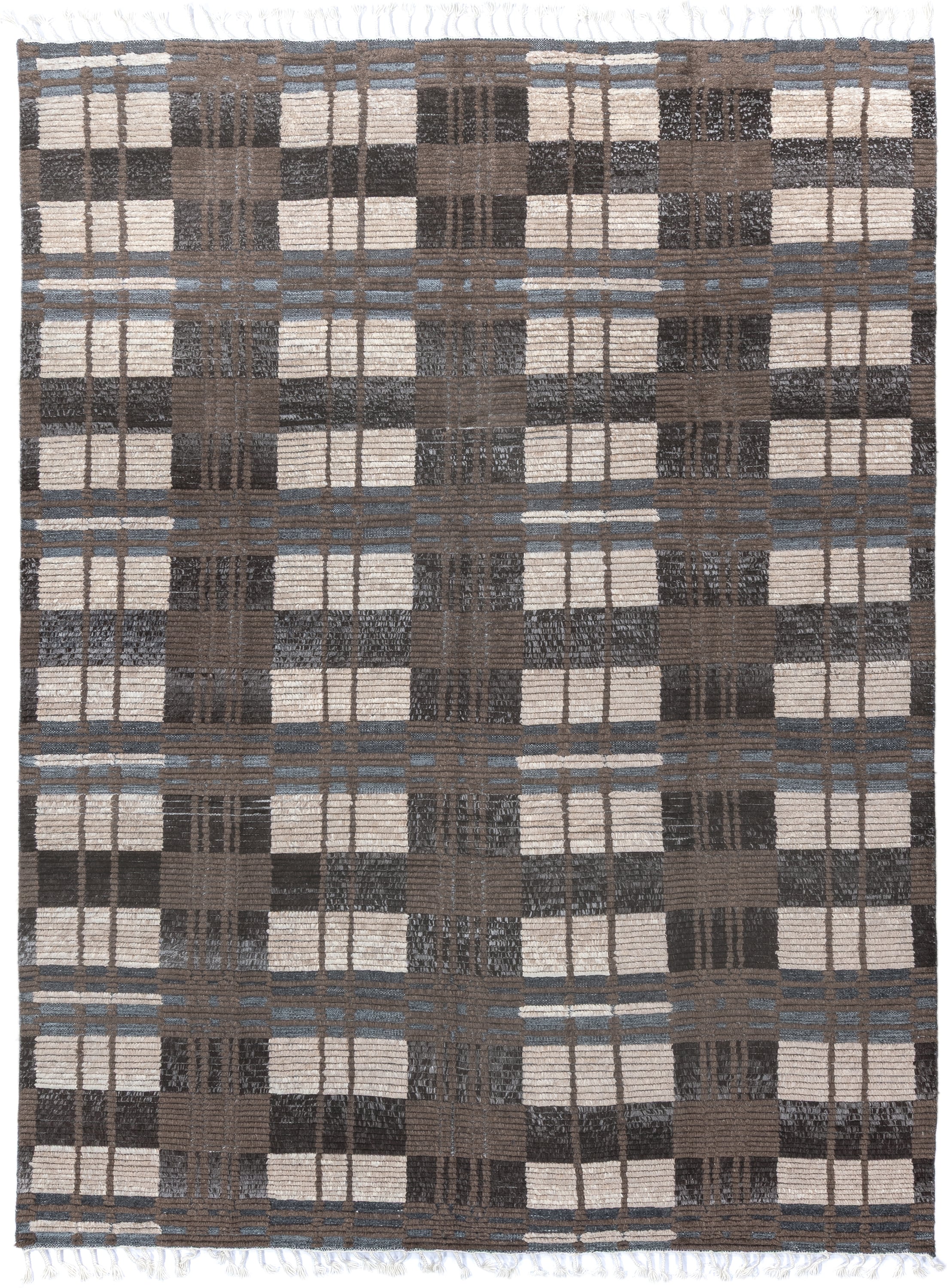 9' x 12' one-of-a-kind handmade vintage Tulu large size rug. Color palette: taupe, ivory, charcoal, slate, brown, beige