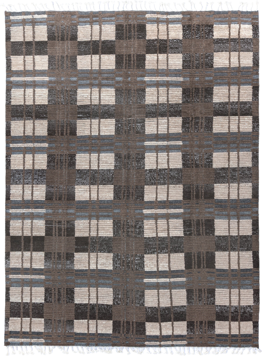 9' x 12' one-of-a-kind handmade vintage Tulu large size rug. Color palette: taupe, ivory, charcoal, slate, brown, beige