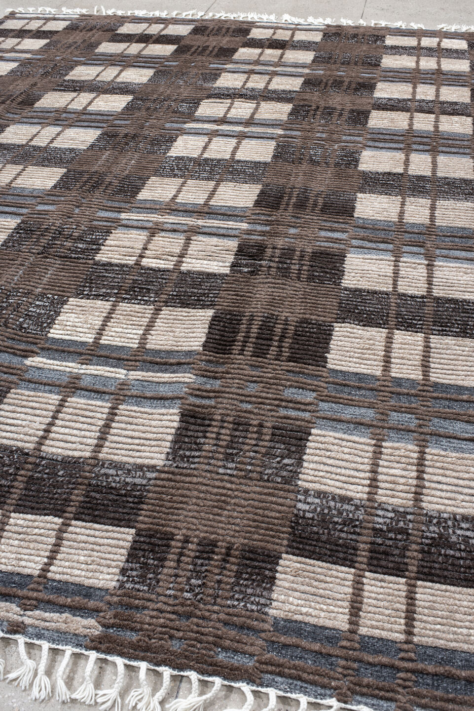 9' x 12' one-of-a-kind handmade vintage Tulu large size rug. Color palette: taupe, ivory, charcoal, slate, brown, beige