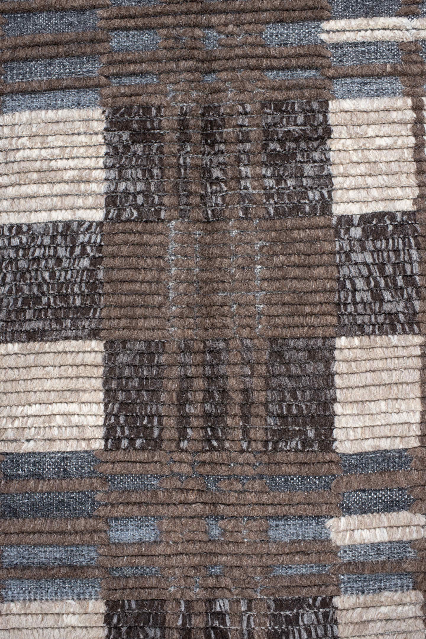9' x 12' one-of-a-kind handmade vintage Tulu large size rug. Color palette: taupe, ivory, charcoal, slate, brown, beige