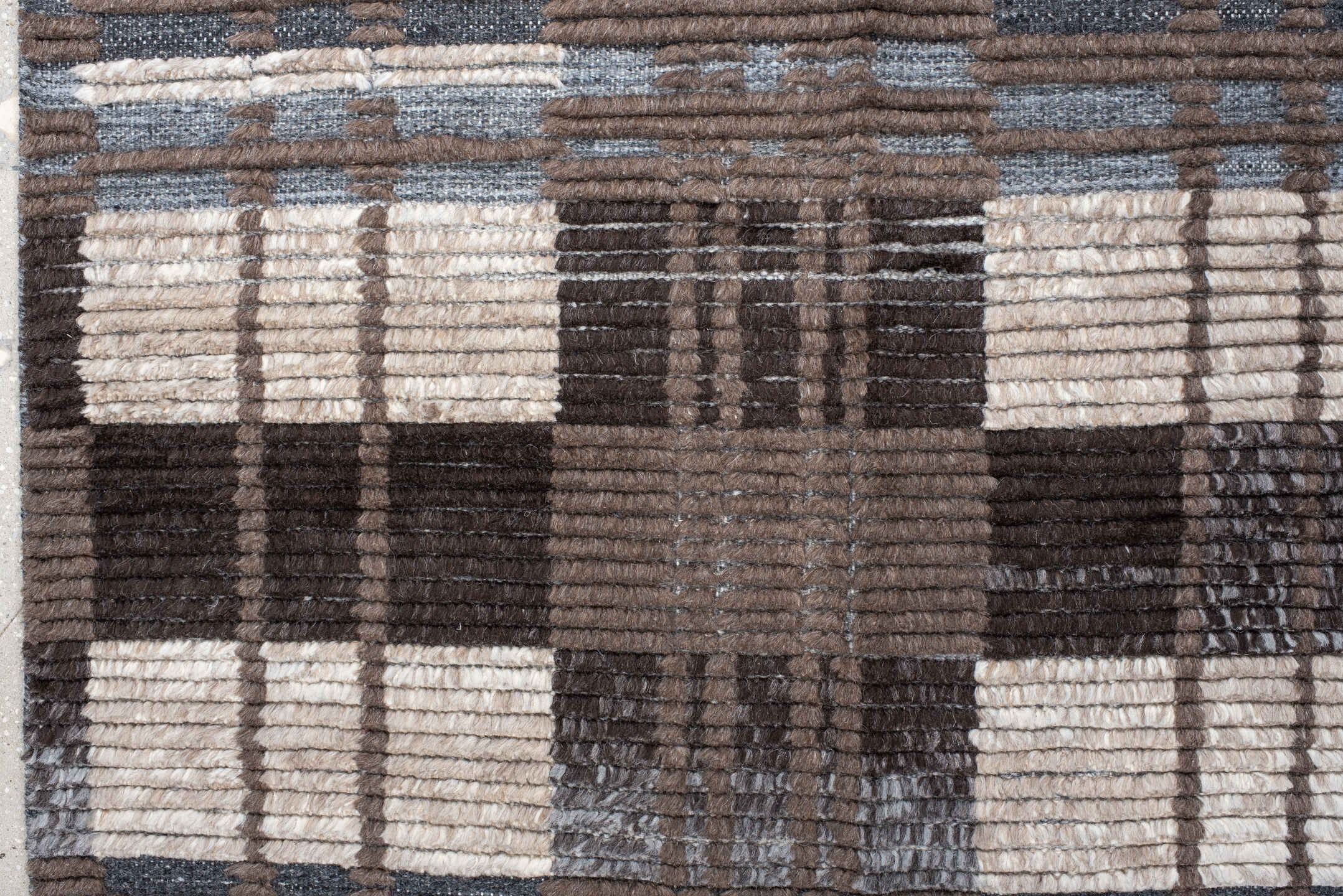 9' x 12' one-of-a-kind handmade vintage Tulu large size rug. Color palette: taupe, ivory, charcoal, slate, brown, beige