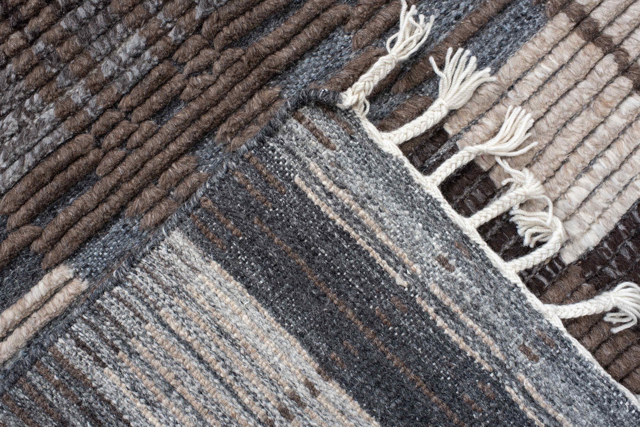 9' x 12' one-of-a-kind handmade vintage Tulu large size rug. Color palette: taupe, ivory, charcoal, slate, brown, beige