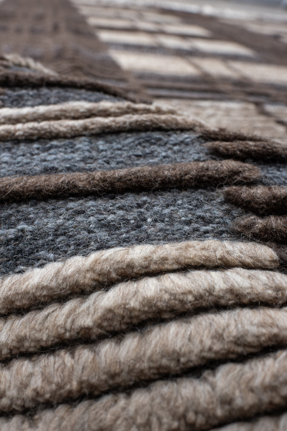 9' x 12' one-of-a-kind handmade vintage Tulu large size rug. Color palette: taupe, ivory, charcoal, slate, brown, beige
