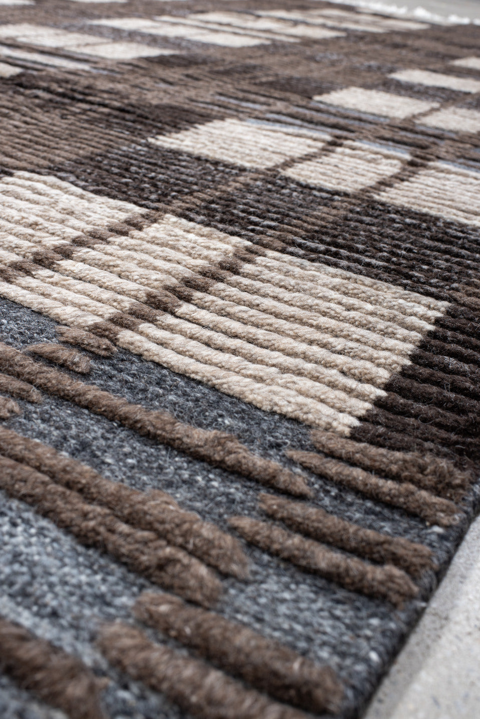 9' x 12' one-of-a-kind handmade vintage Tulu large size rug. Color palette: taupe, ivory, charcoal, slate, brown, beige