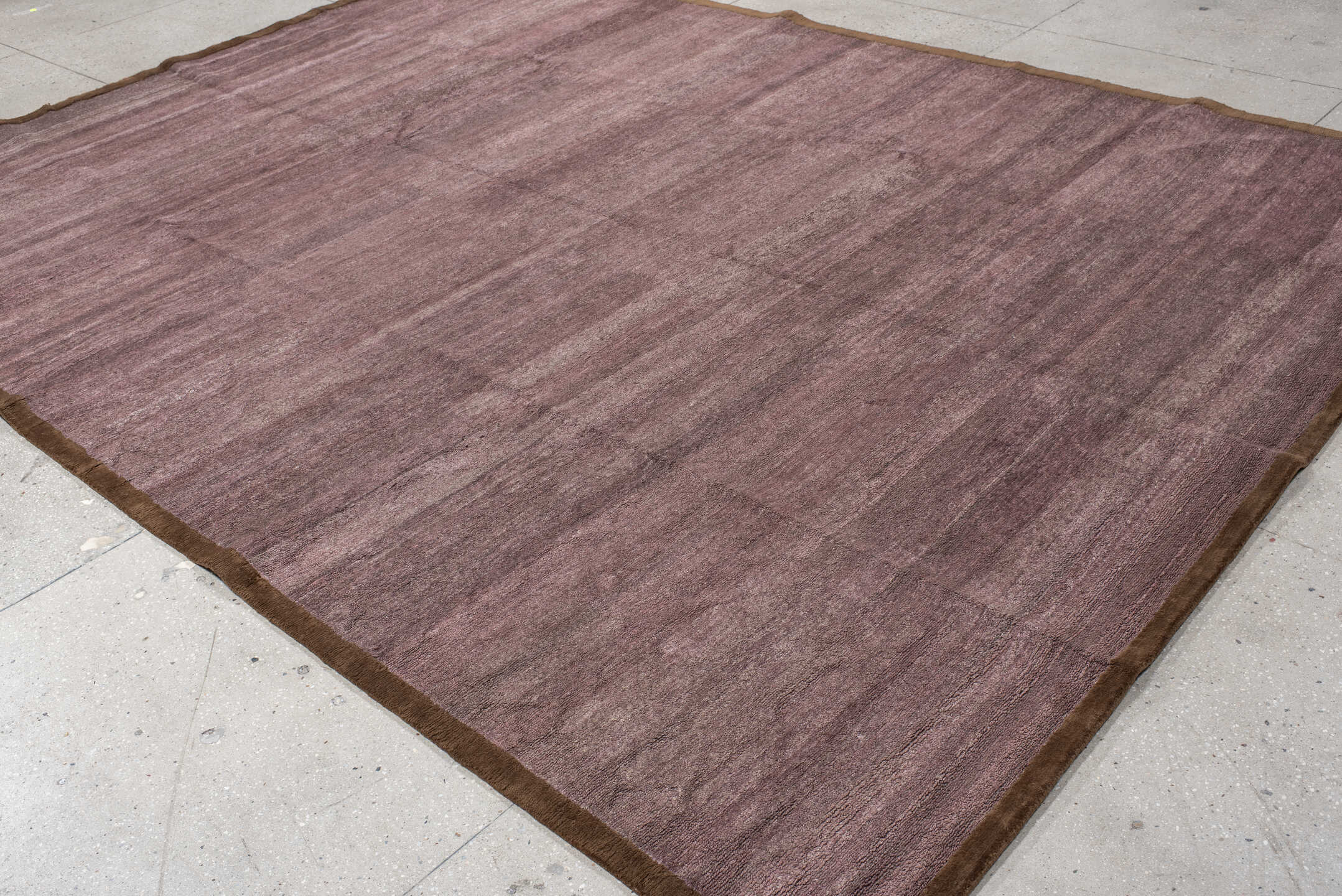 9' x 12' one-of-a-kind handmade vintage Contemporary large size rug. Color palette: brown, gray, light gray, pink
