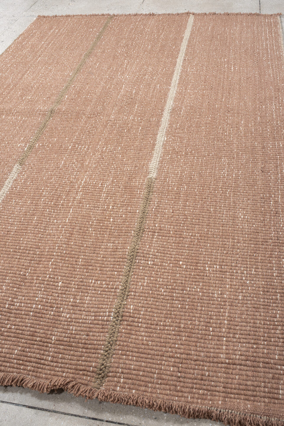 6' x 9' one-of-a-kind handmade vintage Flatweave medium size rug. Color palette: blush, taupe, ivory, camel, pink, beige