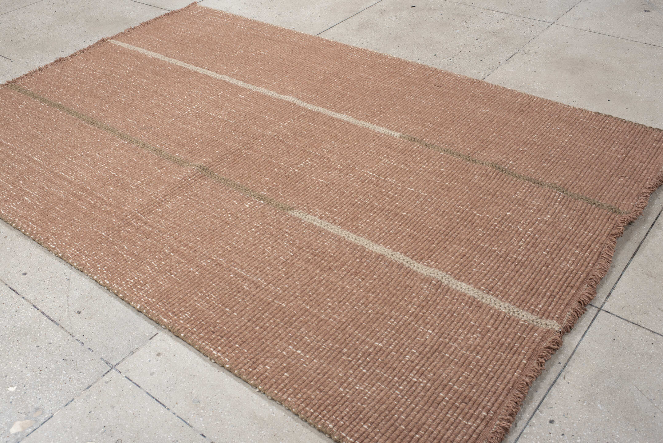 6' x 9' one-of-a-kind handmade vintage Flatweave medium size rug. Color palette: blush, taupe, ivory, camel, pink, beige