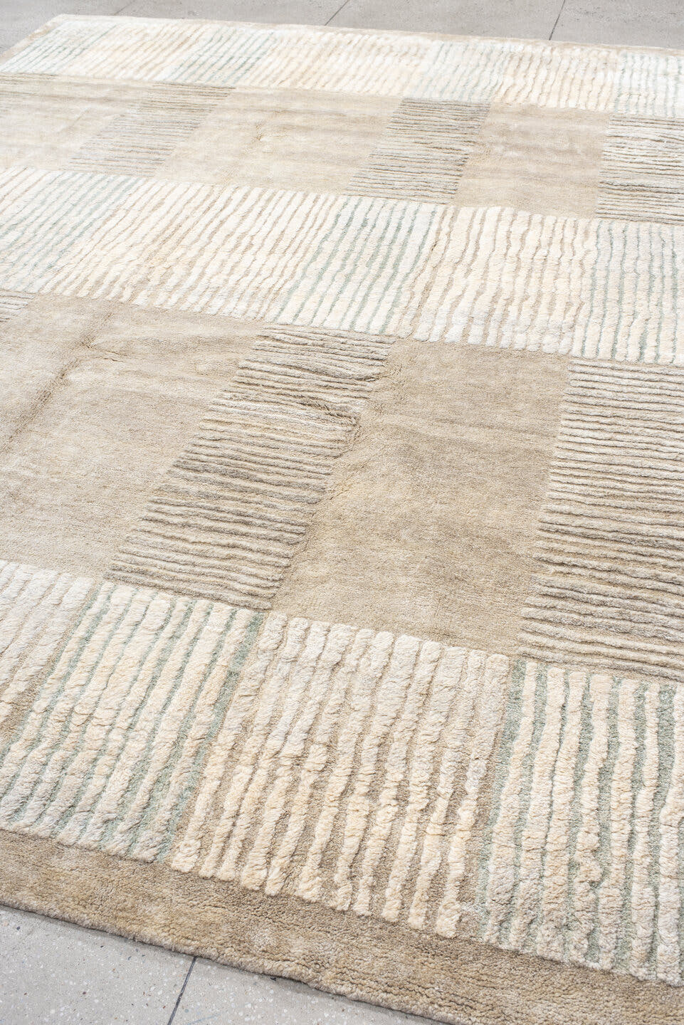 9' x 12' one-of-a-kind handmade handmade Contemporary large size rug. Color palette: ivory, beige, taupe, sage, cream, gray