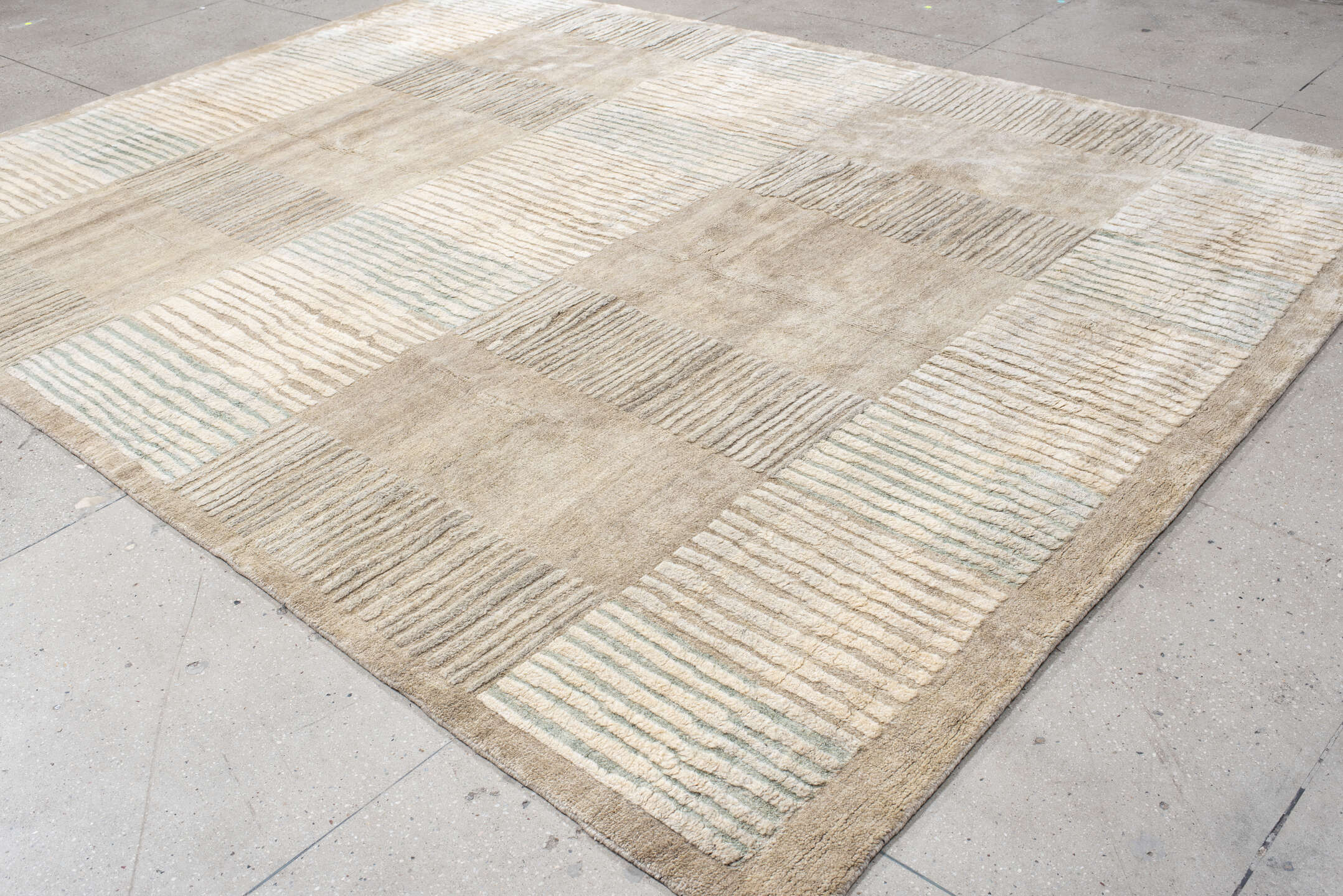 9' x 12' one-of-a-kind handmade handmade Contemporary large size rug. Color palette: ivory, beige, taupe, sage, cream, gray