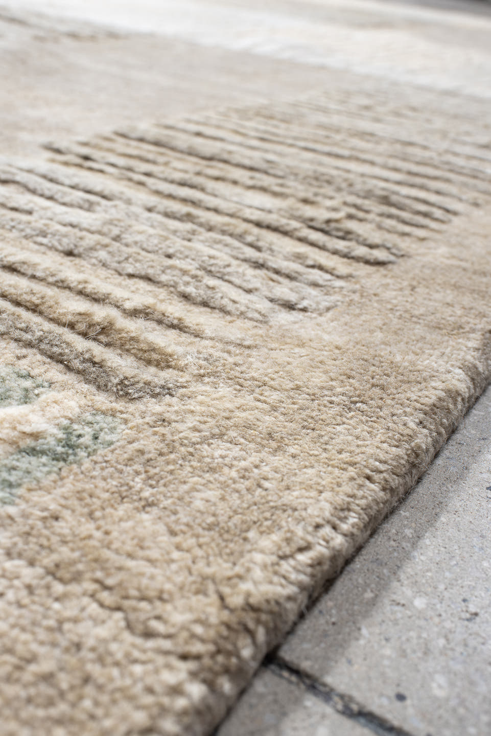 9' x 12' one-of-a-kind handmade handmade Contemporary large size rug. Color palette: ivory, beige, taupe, sage, cream, gray