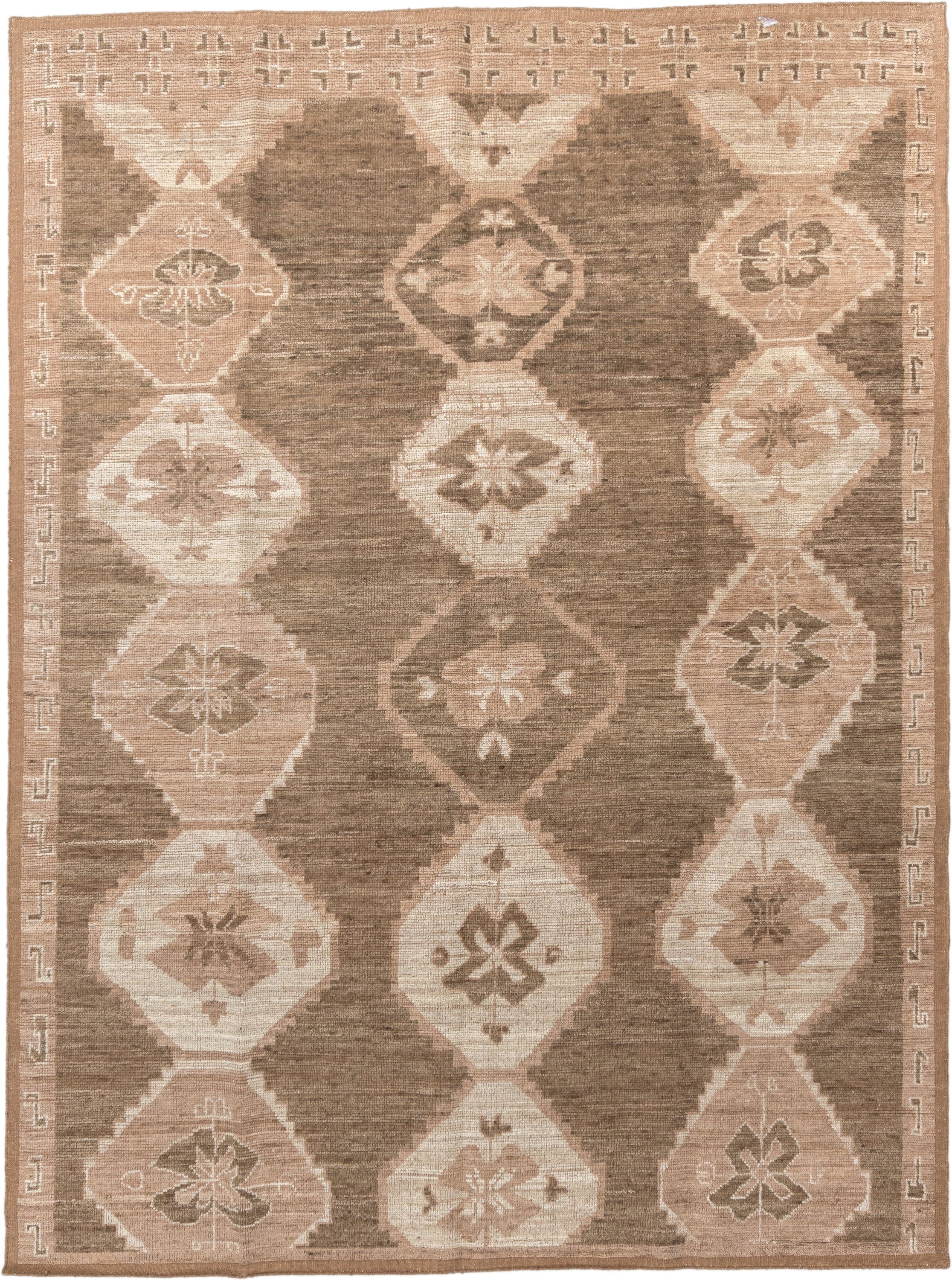 9' x 12' one-of-a-kind handmade vintage Kars large size rug. Color palette: taupe, brown, ivory, blush, camel, beige, gray