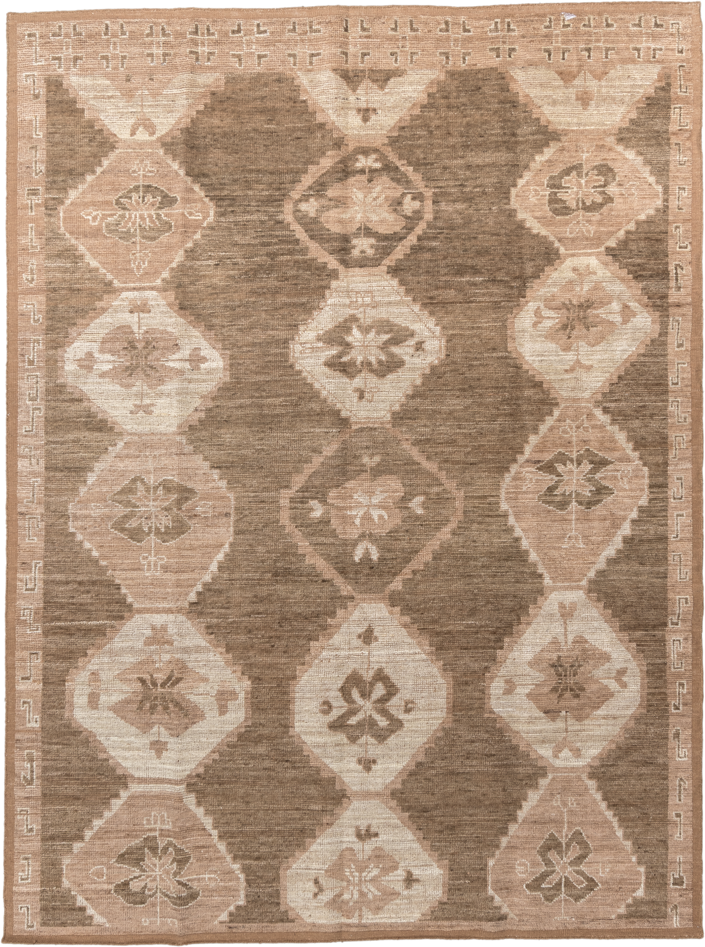 9' x 12' one-of-a-kind handmade vintage Kars large size rug. Color palette: taupe, brown, ivory, blush, camel, beige, gray
