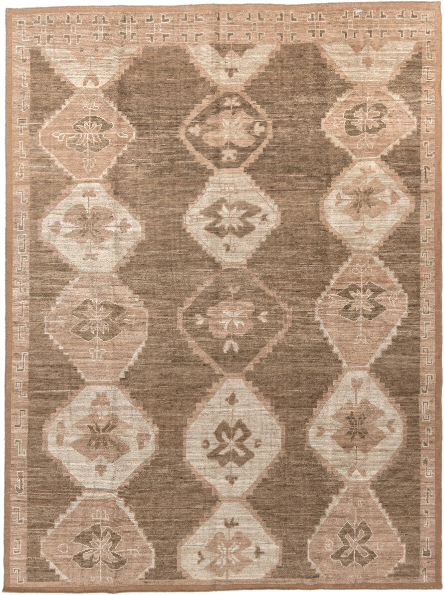 9' x 12' one-of-a-kind handmade vintage Kars large size rug. Color palette: taupe, brown, ivory, blush, camel, beige, gray