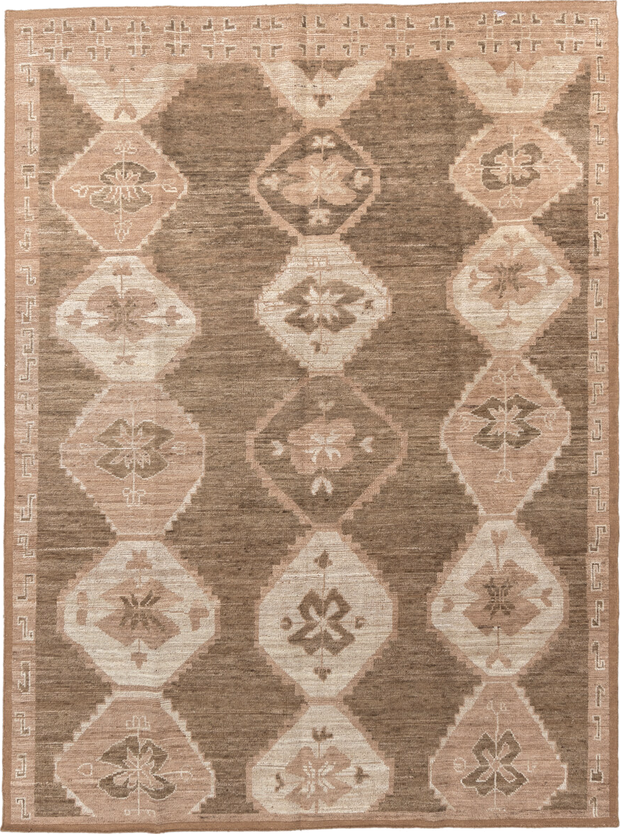 9' x 12' one-of-a-kind handmade vintage Kars large size rug. Color palette: antiquewhite, blanched almond, brown, gray