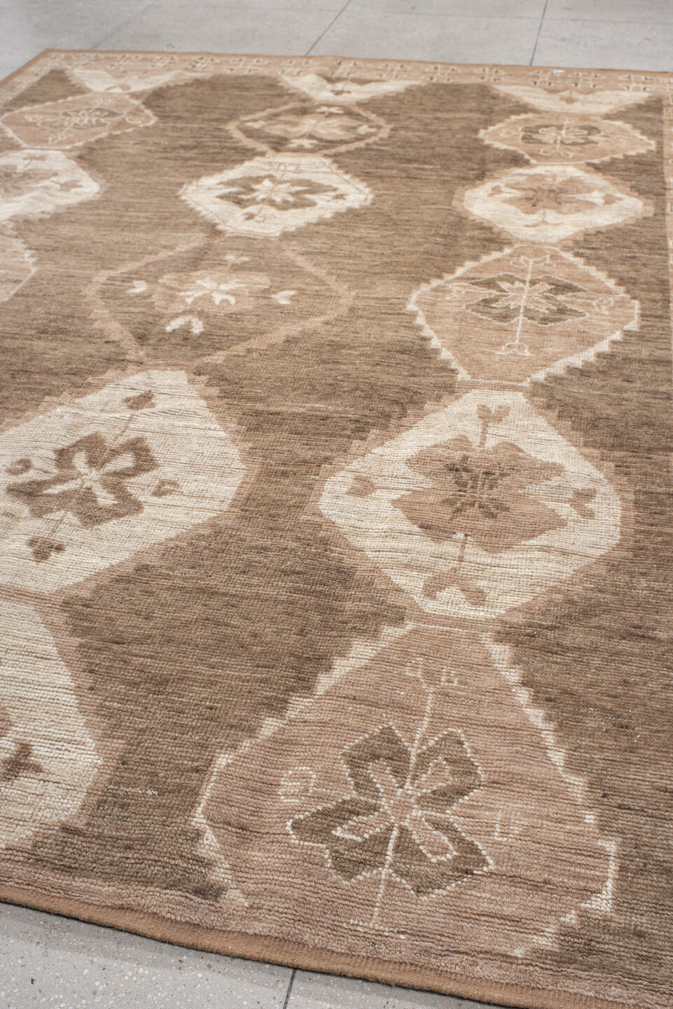 9' x 12' one-of-a-kind handmade vintage Kars large size rug. Color palette: taupe, brown, ivory, blush, camel, beige, gray