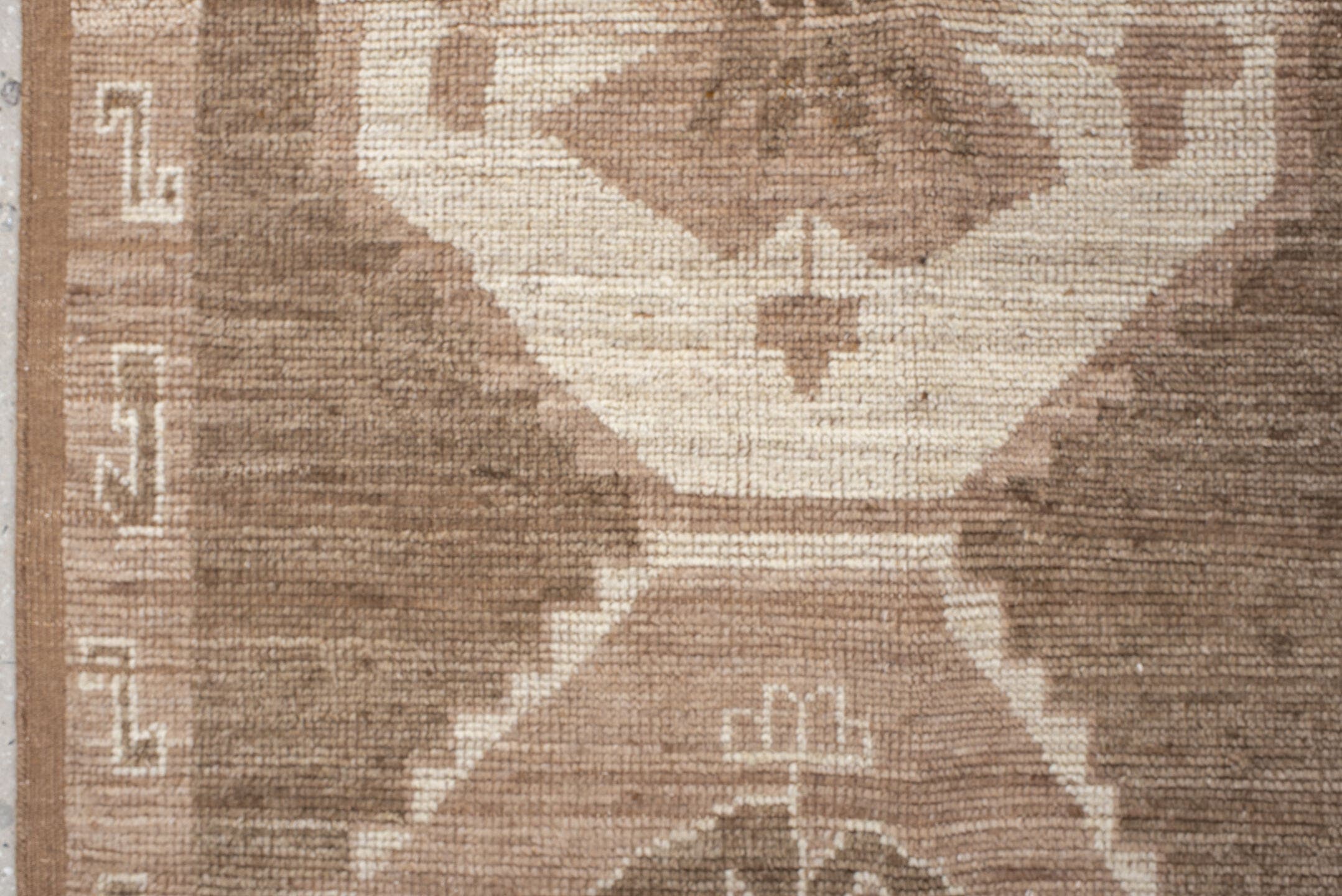 9' x 12' one-of-a-kind handmade vintage Kars large size rug. Color palette: taupe, brown, ivory, blush, camel, beige, gray