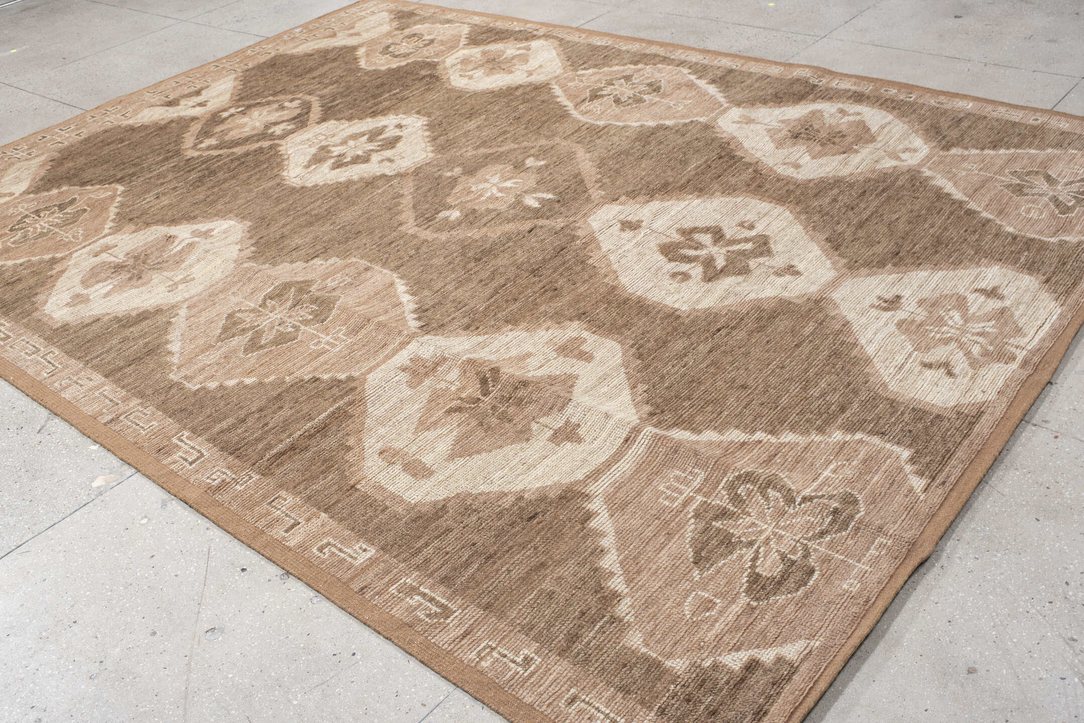 9' x 12' one-of-a-kind handmade vintage Kars large size rug. Color palette: taupe, brown, ivory, blush, camel, beige, gray