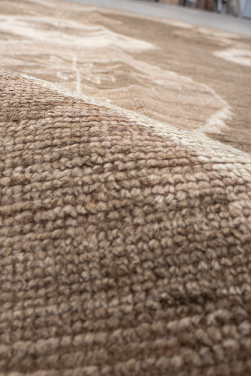 9' x 12' one-of-a-kind handmade vintage Kars large size rug. Color palette: taupe, brown, ivory, blush, camel, beige, gray
