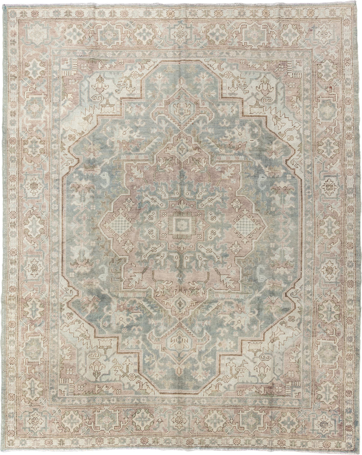 7' x 9' one-of-a-kind handmade vintage Heriz large size rug. Color palette: ivory, pale blue, taupe, beige, blush, sage