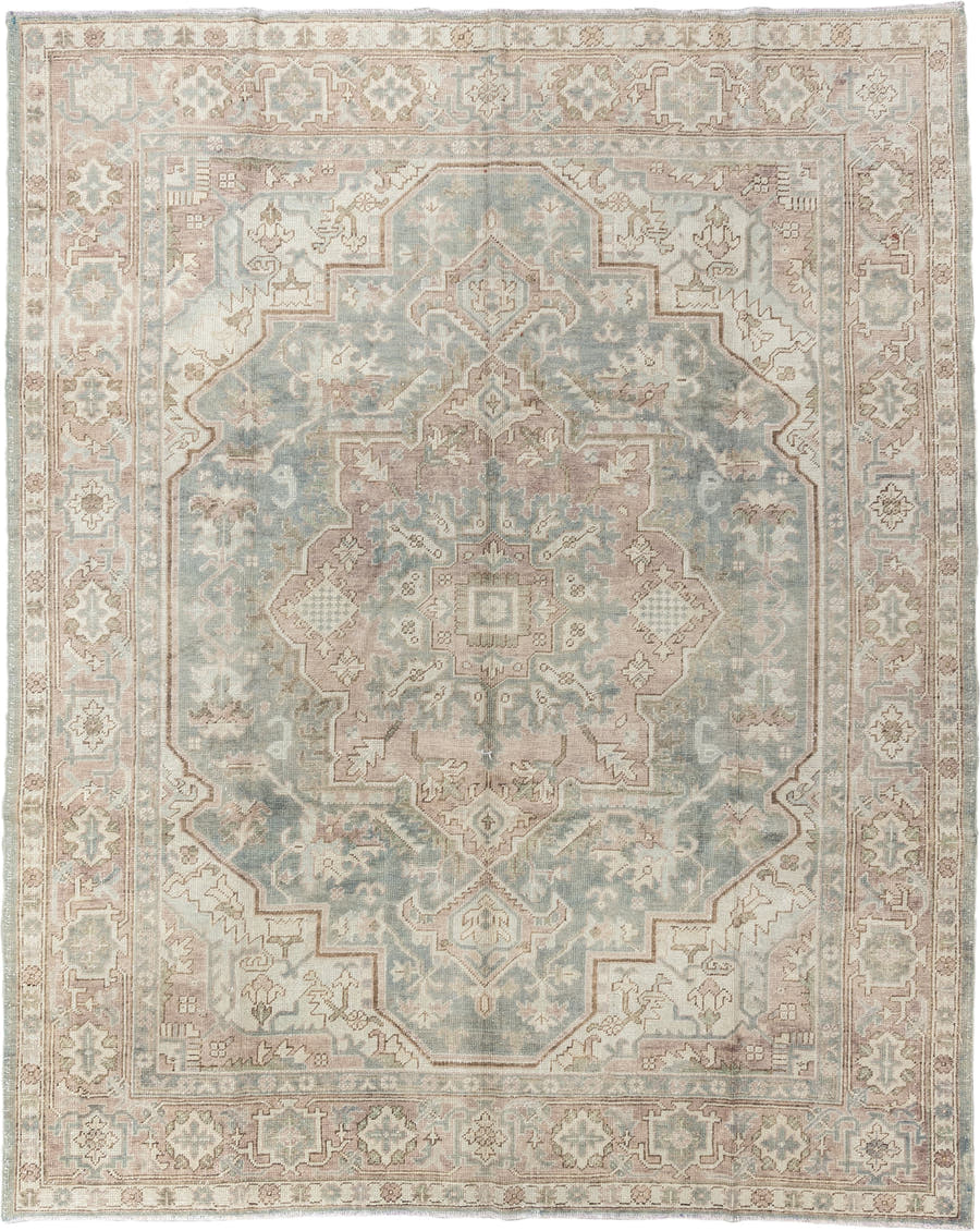 7' x 9' one-of-a-kind handmade vintage Heriz large size rug. Color palette: ivory, pale blue, taupe, beige, blush, sage