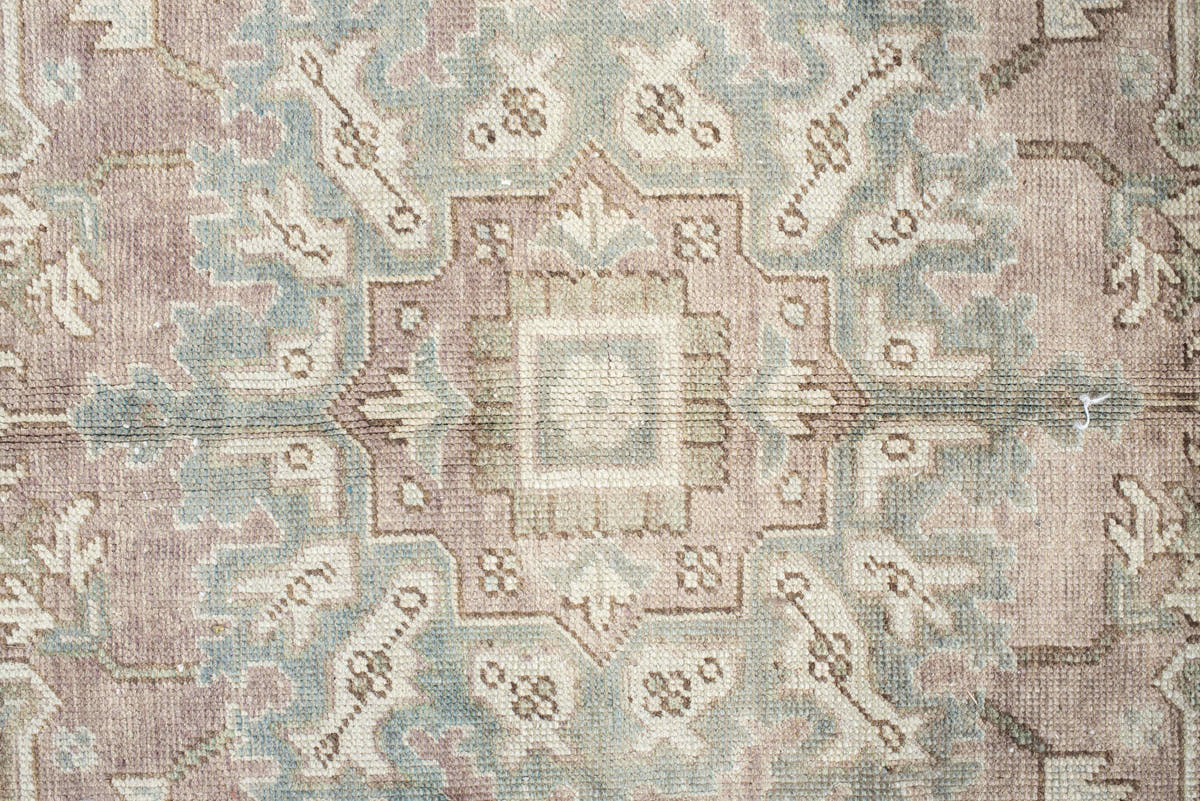 7' x 9' one-of-a-kind handmade vintage Heriz large size rug. Color palette: ivory, pale blue, taupe, beige, blush, sage