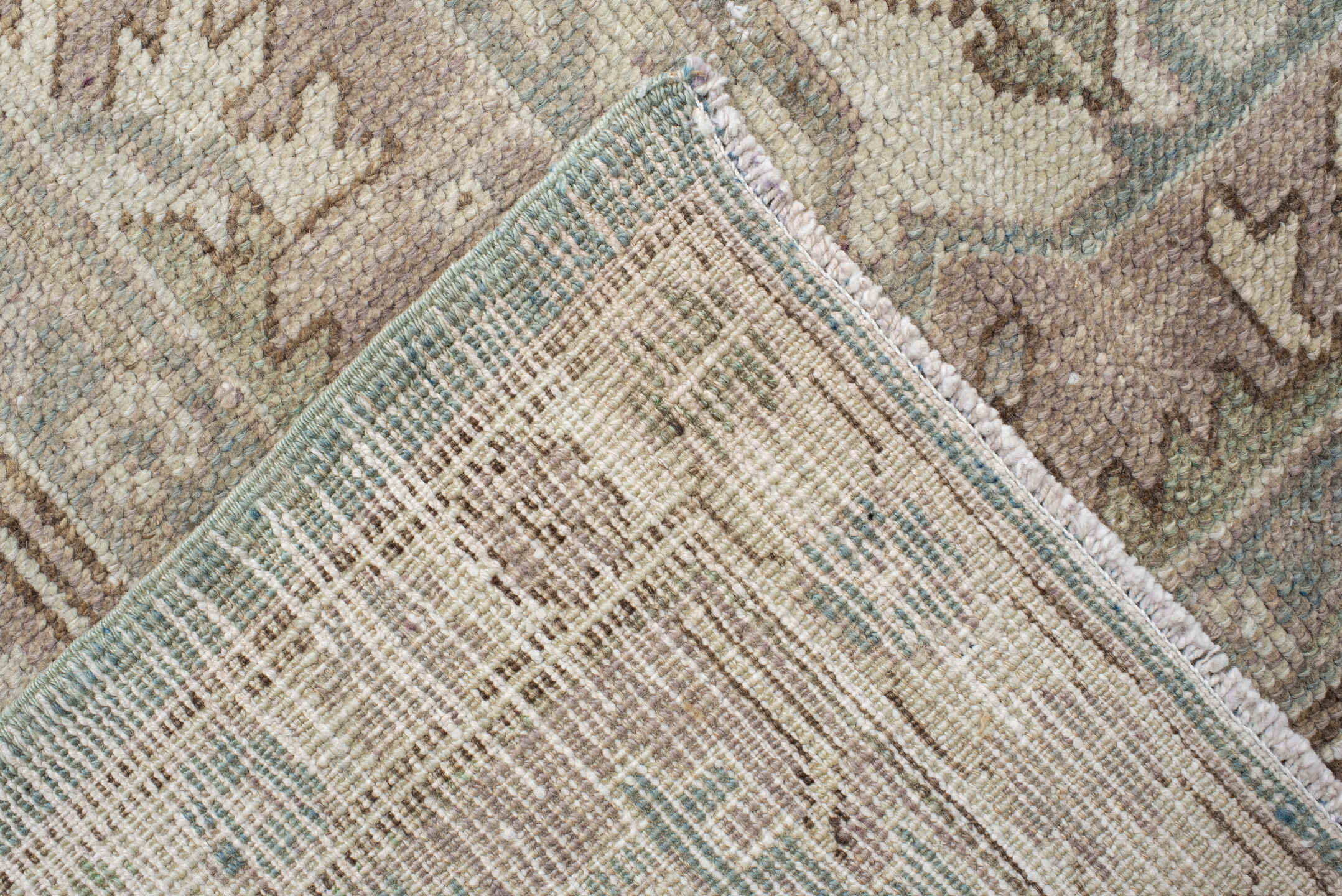 7' x 9' one-of-a-kind handmade vintage Heriz large size rug. Color palette: ivory, pale blue, taupe, beige, blush, sage