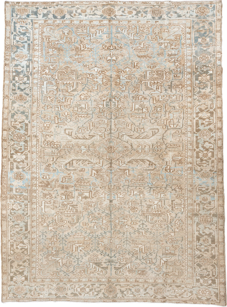 7' x 10' one-of-a-kind handmade vintage Heriz large size rug. Color palette: ivory, taupe, light blue, beige, camel, gray