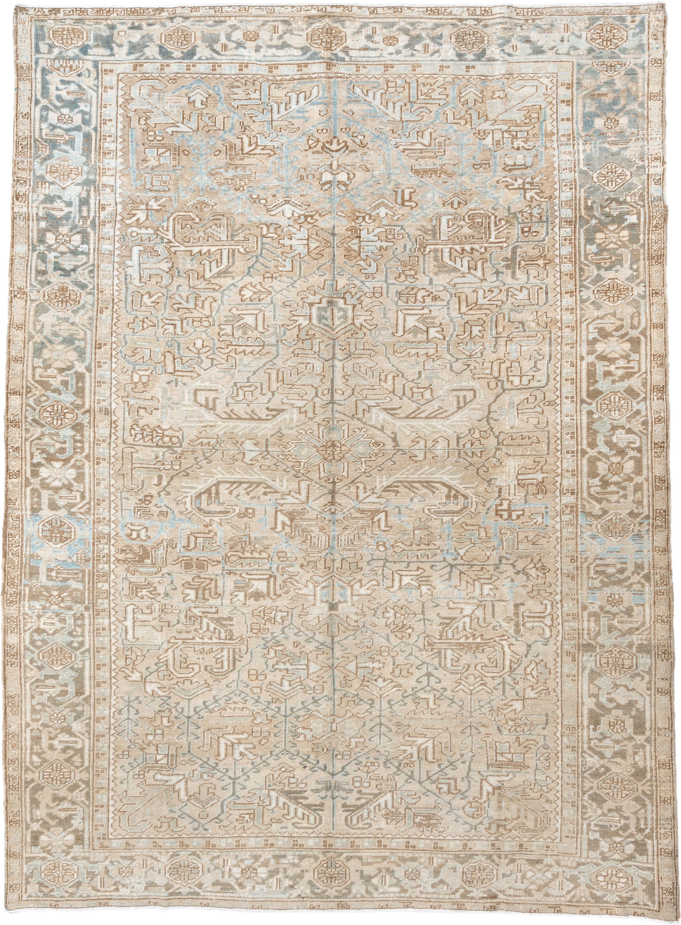 7' x 10' one-of-a-kind handmade vintage Heriz large size rug. Color palette: ivory, taupe, light blue, beige, camel, gray