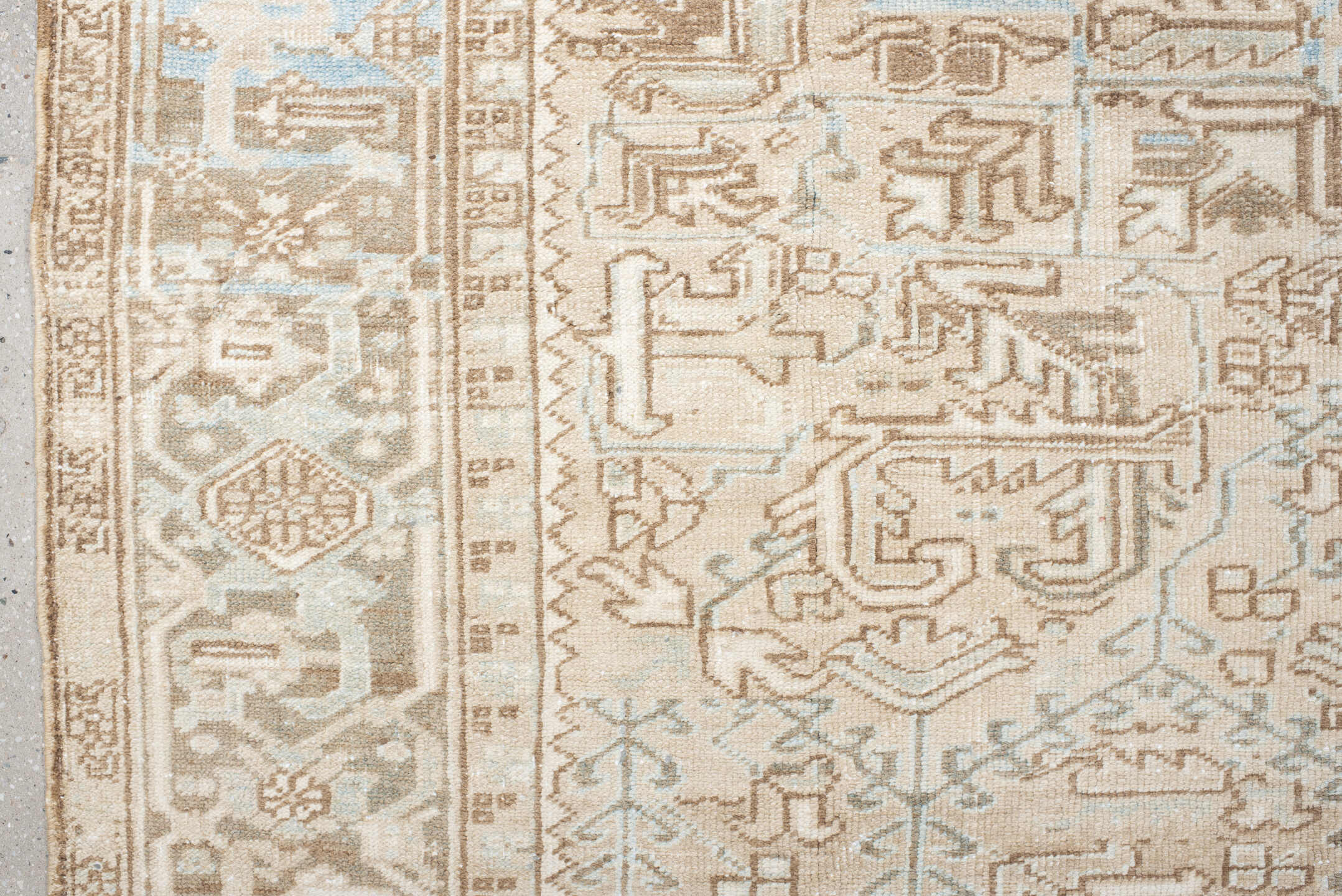 7' x 10' one-of-a-kind handmade vintage Heriz large size rug. Color palette: ivory, taupe, light blue, beige, camel, gray