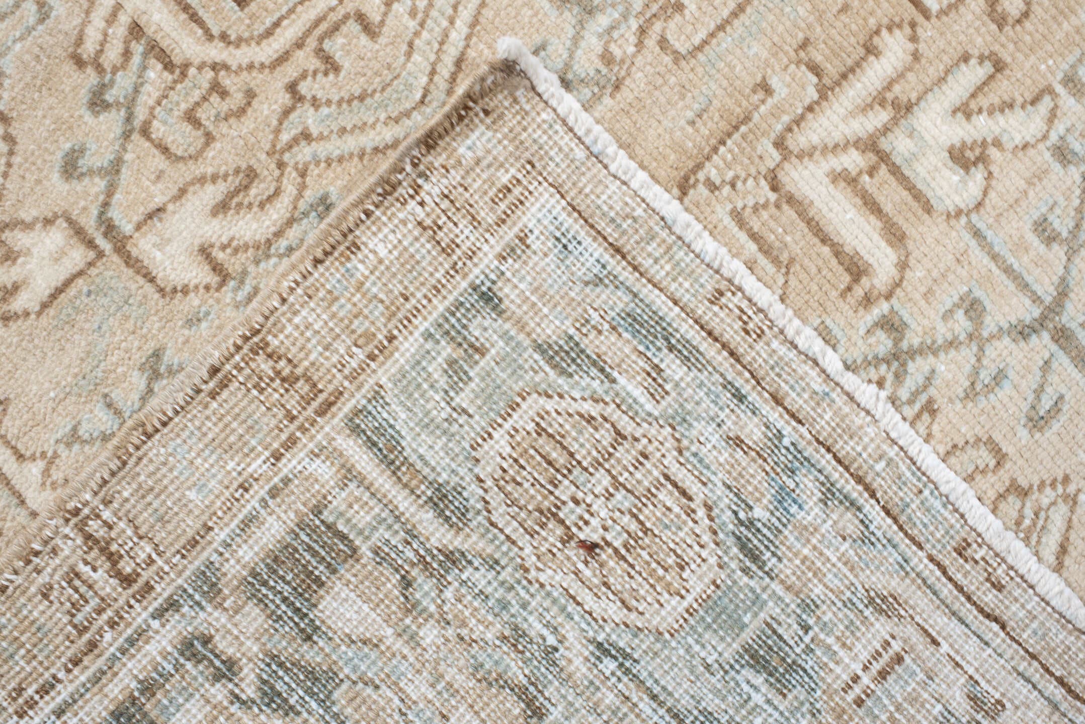 7' x 10' one-of-a-kind handmade vintage Heriz large size rug. Color palette: ivory, taupe, light blue, beige, camel, gray