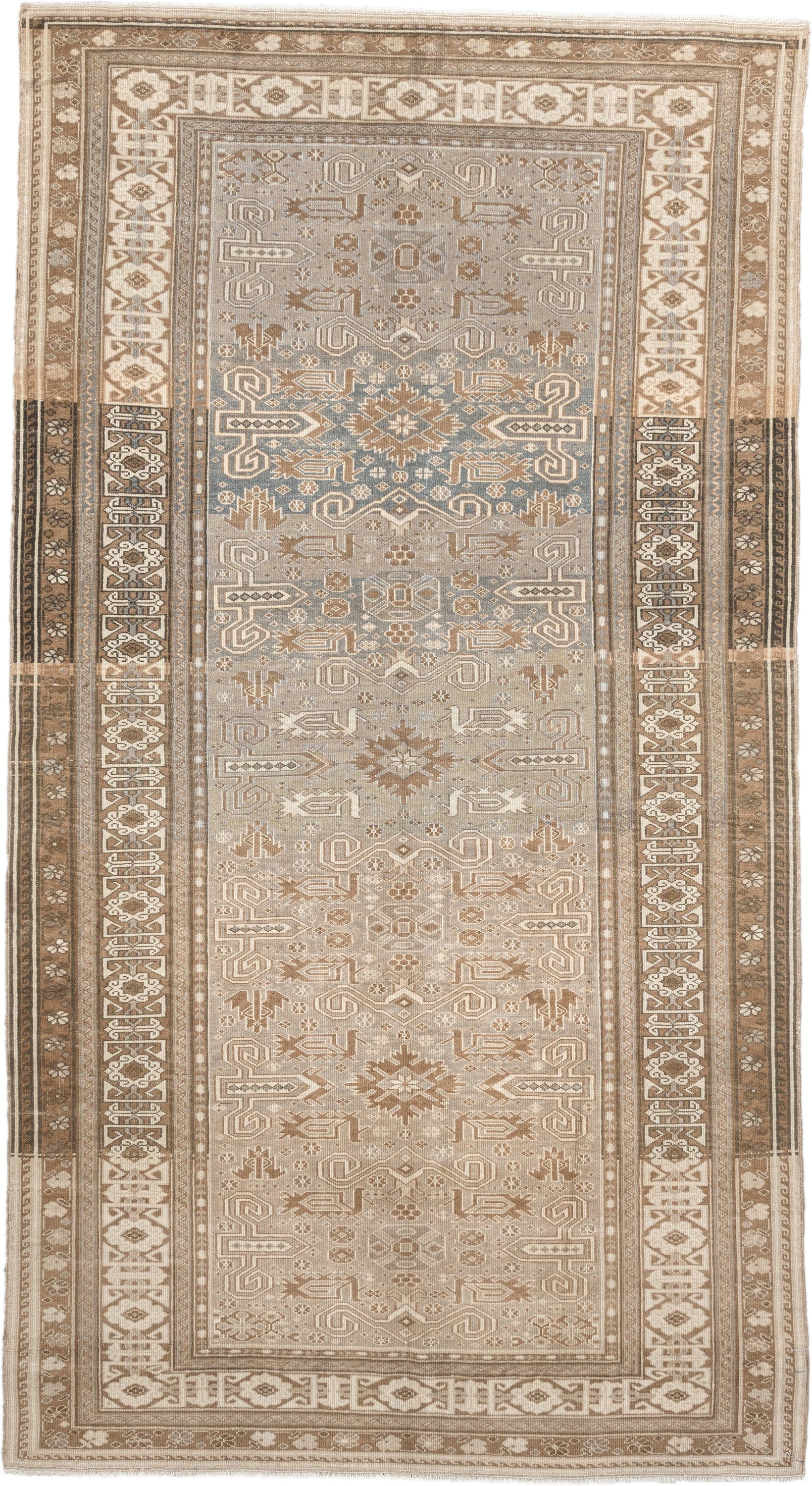 4' x 7' one-of-a-kind handmade vintage Perpedil rug. Color palette: taupe, ivory, beige, camel, slate, brown, gray