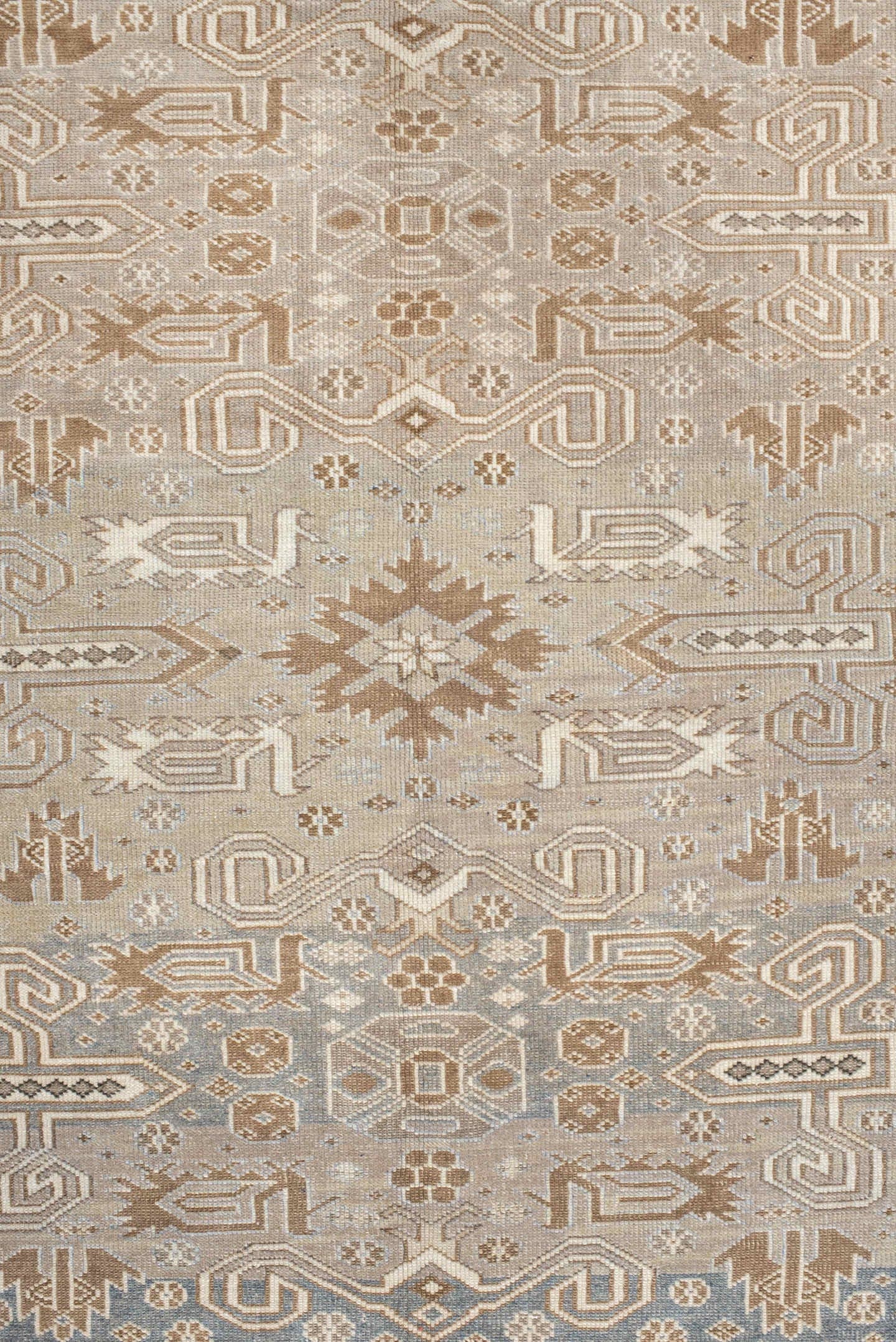 4' x 7' one-of-a-kind handmade vintage Perpedil rug. Color palette: taupe, ivory, beige, camel, slate, brown, gray