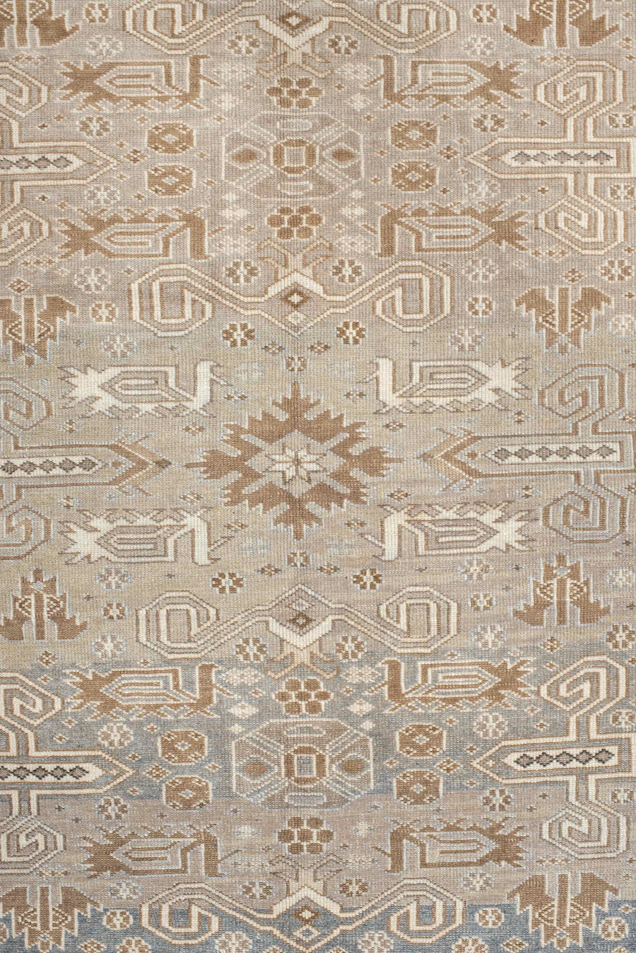 4' x 7' one-of-a-kind handmade vintage Perpedil rug. Color palette: taupe, ivory, beige, camel, slate, brown, gray
