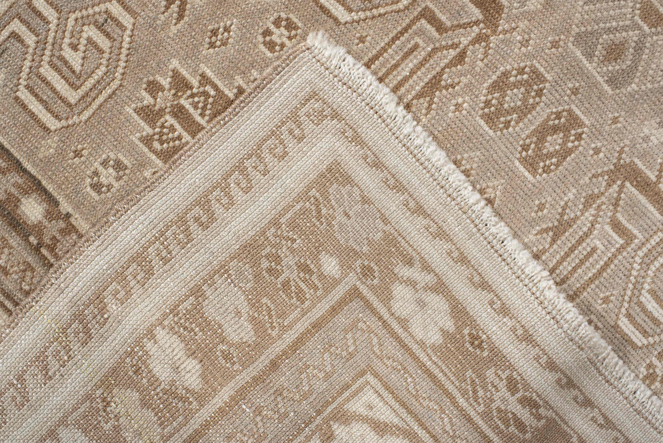 4' x 7' one-of-a-kind handmade vintage Perpedil rug. Color palette: taupe, ivory, beige, camel, slate, brown, gray