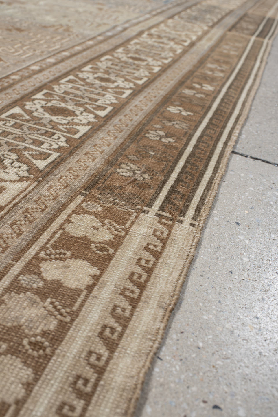 4' x 7' one-of-a-kind handmade vintage Perpedil rug. Color palette: taupe, ivory, beige, camel, slate, brown, gray