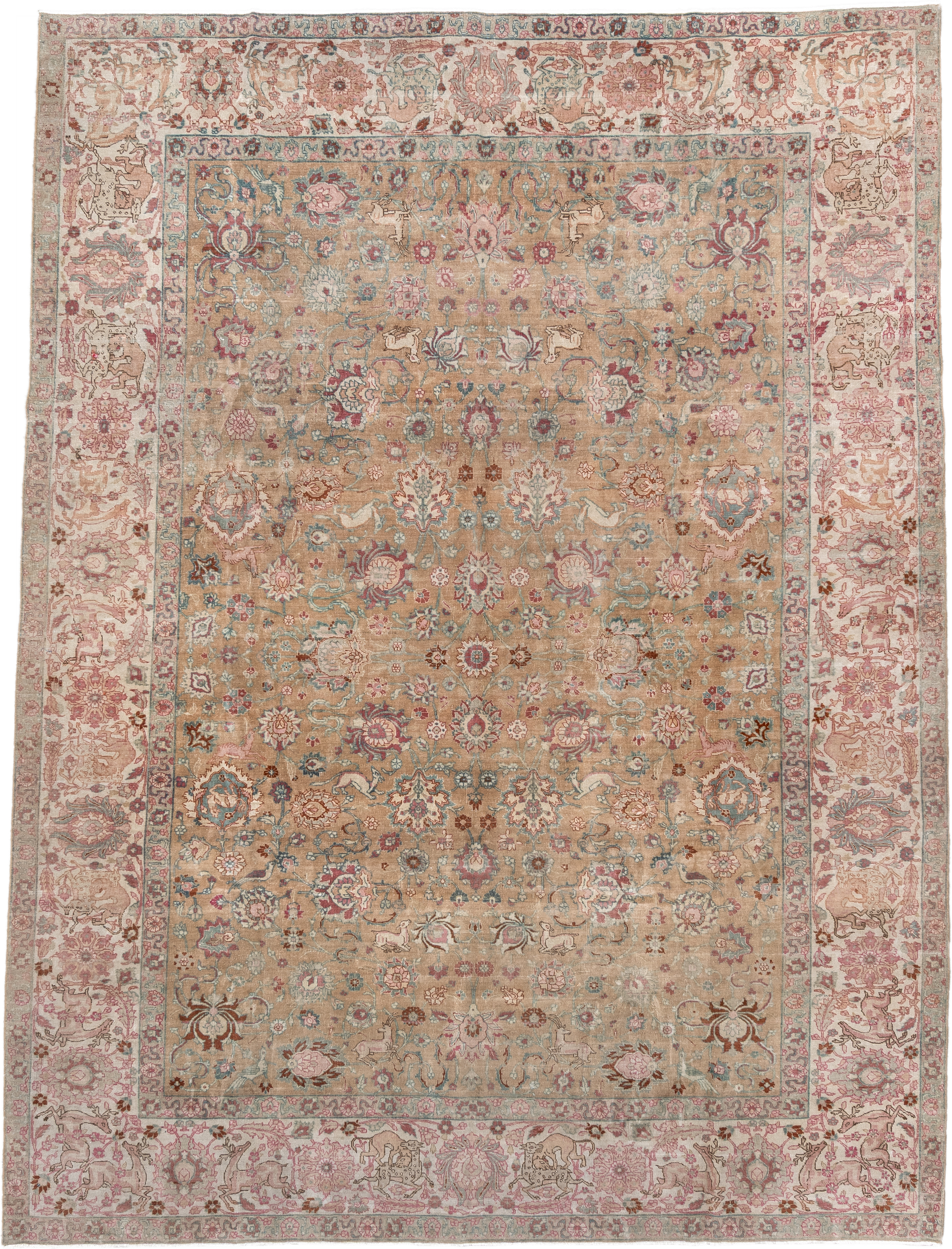8' x 10' one-of-a-kind handmade vintage Tabriz large size rug. Color palette: tan, ivory, rose, aqua, dusty blue, taupe